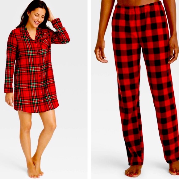 2pc PJS & FLEECE PANT SET L Christmas Plaid Flannel Nightgown Pajamas Wondershop - Picture 1 of 7